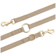 Beige Hundeleine mit goldenen Beschlägen, mit zwei Clips und einem zentralen Ring für verstellbare Länge.