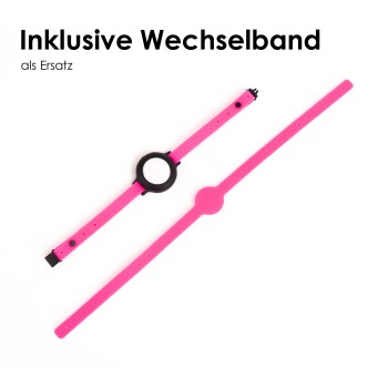 Rosa Ersatzarmbänder für Haustierzubehör, mit einem runden Anhänger und einem glatten Riemen, mit dem Text "Inklusive Wechselband als Ersatz."