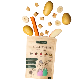 Tüte Hundehappen Hundesnacks mit Kartoffeln, Karotte, Apfelscheibe, Bananenscheiben und Würfeln, beschriftet für Senioren.