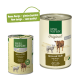 Nourriture pour animaux en conserve de Real Nature, avec une nouvelle étiquette de design. À gauche : formule agneau et riz pour seniors. À droite : agneau original avec chat.
