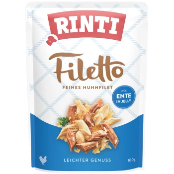 Rinti Filetto Haustierfutterverpackung mit feinem Hühnerfilet mit Ente in Gelee, beschriftet mit "Leichter Genuss," 100g.