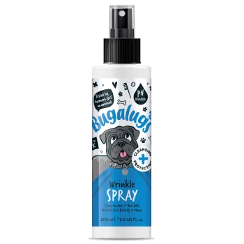 Flasche Bugalugs Falten-Spray für Hunde, 200 ml, mit Cartoon-Mops und Text „Von Menschen getestet, nicht an Tieren.“