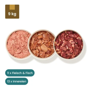 Pakete mit rohem Haustierfutter, die 10x Fleisch, 13x Innereien und 1x Fisch enthalten, mit sichtbaren Etiketten, die den Inhalt und die Nährwertinformationen detailliert beschreiben.