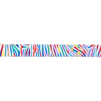 Bunt gestreiftes Haustierhalsband mit mehrfarbigem Zebra-Muster auf weißem Hintergrund.