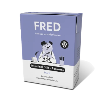Verpackung für FRED Intestinal Diet für Pferde, mit einem Cartoonhund in Brille, mit Text, der die Verdauungsunterstützung hervorhebt.