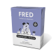 Verpackung für FRED Intestinal Diet für Pferde, mit einem Cartoonhund in Brille, mit Text, der die Verdauungsunterstützung hervorhebt.