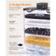 Querschnitt eines Haustier-Wasserfilters, der Schwamm, Vlies, Aktivkohle und Harzkügelchen zeigt; sichtbarer Text '4-Stufige Filtration'.