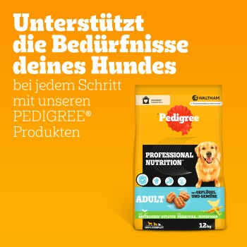 Pedigree Professional Nutrition Hundefuttertasche, 12 kg, mit einem Golden Retriever und Text, der die Bedürfnisse von Hunden mit natürlichen Zutaten unterstützt.