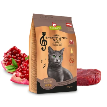Verpackung von GranataPet Symphonie Nr. 3 Katzenfutter, mit einer Silhouette einer schwarzen Katze, im Hintergrund Granatapfel und Fleischscheiben.