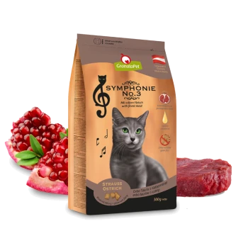 Verpackung von GranataPet Symphonie Nr. 3 Katzenfutter, mit einer Silhouette einer schwarzen Katze, im Hintergrund Granatapfel und Fleischscheiben.