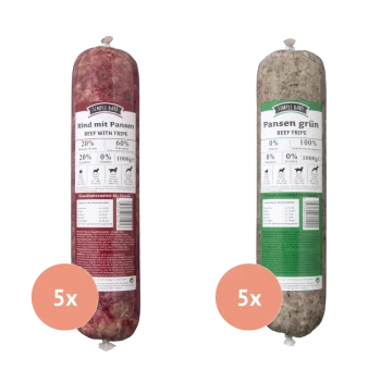 Zwei 1000g zylindrische Hundefutterpackungen von Simple Bark: "Rind mit Pansen" und "Pansen grün."