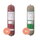 Zwei 1000g zylindrische Hundefutterpackungen von Simple Bark: "Rind mit Pansen" und "Pansen grün."