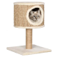 Ein gemütlicher Katzenbaum mit einem runden, geflochtenen Versteck und einer weichen, plüschigen Basis; eine flauschige Katze schaut aus dem Eingang.