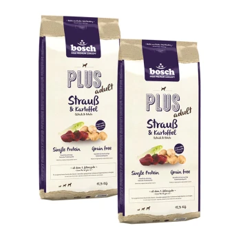 Zwei Tüten Bosch Plus Adult Hundefutter, mit Strauß und Kartoffel, beschriftet mit 'Single Protein' und 'Grain Free', jeweils 12,5 kg schwer.