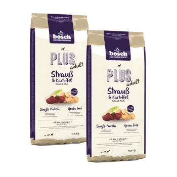 Zwei Tüten Bosch Plus Adult Hundefutter, mit Strauß und Kartoffel, beschriftet mit 'Single Protein' und 'Grain Free', jeweils 12,5 kg schwer.