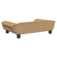 Ein beiger Haustier-Sofa mit niedriger Rückenlehne und geschwungenen Armen, das auf vier schwarzen Beinen ruht, von hinten betrachtet.