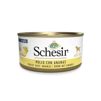 Schesir Dosen-Hundefutter in Gelee, Geschmack: Huhn mit Ananas, gekennzeichnet für erwachsene Hunde, mit mehrsprachigem Text.