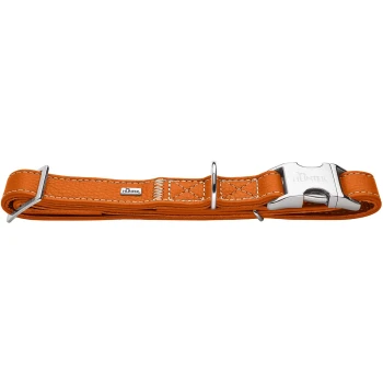 Orangenes Lederhalsband für Hunde mit silberner Schnalle und D-Ring, mit weißen Nähten und einem kleinen "HUNTER"-Logo.