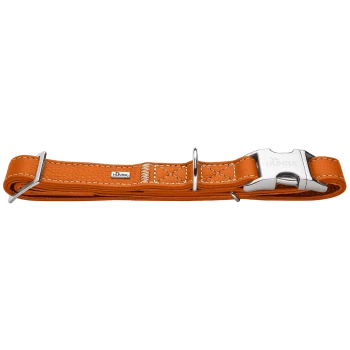Orangenes Lederhalsband für Hunde mit silberner Schnalle und D-Ring, mit weißen Nähten und einem kleinen "HUNTER"-Logo.