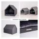 Eine Collage moderner Haustierhäuser aus grauem Filz, mit einem dreieckigen Dachdesign und plüschigen Innenräumen. Der Text lautet "UNSER PETHOME."