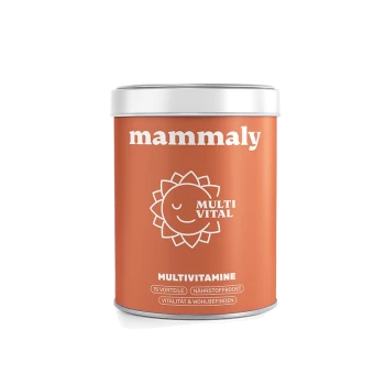 Orange Mammaly Multivitamin-Dose mit weißem Deckel, 'MULTI VITAL'-Sonnenlogo, 'MULTIVITAMINE' und deutschen Nutzenhinweisen.