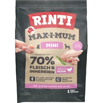 Max-i-Mum Mini Adult Kurczak 1 kg Torba karmy dla psów Rinti Max-I-Mum Mini, zawierająca 70% mięsa i podrobów, z świeżym kurczakiem, 30% warzyw i przepisem bezziarnowym.