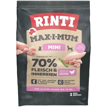 Rinti Max-I-Mum Mini Hundefuttertüte, die 70% Fleisch und Innereien, mit frischem Huhn, 30% Gemüse und einem getreidefreien Rezept enthält.