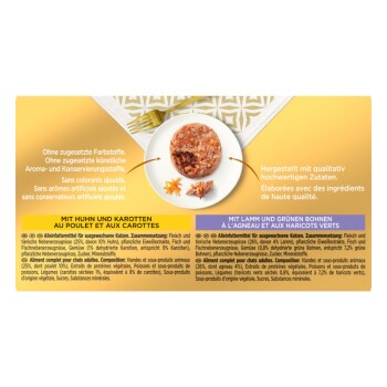 Die Verpackung des Haustierfutters zeigt eine Schüssel mit feuchtem Katzenfutter mit Huhn, Karotten, Lamm und grünen Bohnen, die hochwertige Zutaten auf Deutsch und Französisch betont.