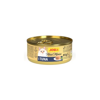 JosiCat Finest Mousse mit Thunfisch 85g Katzenfutterdose, getreidefreie Rezeptur, ohne Zuckerzusatz, Bild mit Serviervorschlag.