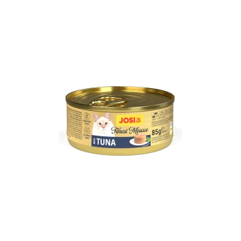 JosiCat Finest Mousse mit Thunfisch 85g Katzenfutterdose, getreidefreie Rezeptur, ohne Zuckerzusatz, Bild mit Serviervorschlag.