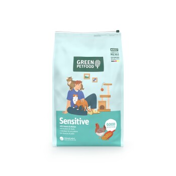 Grünes Petfood Sensitive Katzenfutter für ausgewachsene Katzen mit Insekten und Huhn, gute Verdauung, Urin-pH-Kontrolle, deutsche Qualität.