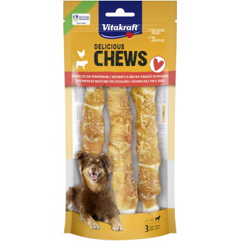 Paquet de friandises pour chiens Vitakraft Delicious Chews avec trois rouleaux à mâcher, image d'un chien souriant, mention 'Sans sucre ajouté' et emballage recyclable