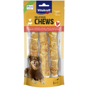 Paquet de friandises pour chiens Vitakraft Delicious Chews avec trois rouleaux à mâcher, image d'un chien souriant, mention 'Sans sucre ajouté' et emballage recyclable
