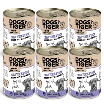 Sattelfest Pferd & Kartoffel 6x400 g Sechs Dosen Hundefutter von DOGS'n TIGER, beschriftet mit "SATTELFEST Pferd mit Kartoffel," mit einer grauen Hundillustration und Nährwertinformationen.
