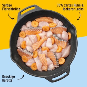 Eine gusseiserne Pfanne gefüllt mit Stücken von Hähnchen und Lachs, garniert mit geschnittenen Karotten, vor einem bunten Hintergrund.