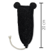 Schwarzes flauschiges Katzenspielzeug mit zwei runden Ohren und einem weißen Seilschwanz, 20 cm lang.