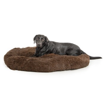 Ein schwarzer Hund, der auf einem runden, flauschigen braunen Haustierbett ruht, das Komfort und Entspannung zeigt.