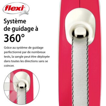 Laisse rétractable pour chien Flexi en rose, avec un système de guidage à 360° pour une utilisation sans enchevêtrement, avec un texte en français décrivant ses avantages.