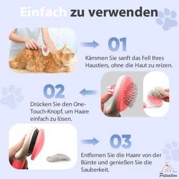 Bild einer Haustierpflegebürste mit deutschen Anweisungen: 1. Fell kämmen. 2. Taste drücken, um Haare zu lösen. 3. Haare von der Bürste entfernen.