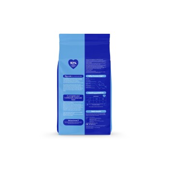 Blue pet food bag back for small animals showing '92%', 'Big care for small animals' and 'Feeding guidelines'.