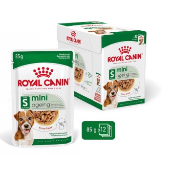 Nourriture pour chiens âgés Royal Canin mini, sachets de 85 g, pack de 12, contenant des morceaux dans une sauce, conçue pour le maintien du poids chez les petits chiens.