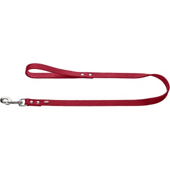 Rote Haustierleine mit einem silbernen Clip, mit einer strukturierten Oberfläche und zwei Metallnieten für zusätzliche Haltbarkeit.