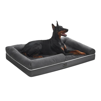 Schwarzer Dobermann ruht auf grauem Feandrea-Hundebett mit Rand, Fleece-Mitte und weißer Paspelierung.