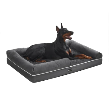 Schwarzer Dobermann ruht auf grauem Feandrea-Hundebett mit Rand, Fleece-Mitte und weißer Paspelierung.