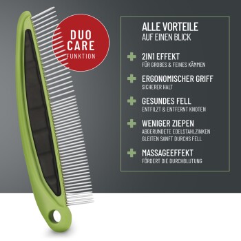 Grüner Tierpflegekamm mit Metallzähnen, gekennzeichnet mit Vorteilen: "2in1", "ergonomischer Griff", "gesundes Fell", "weniger Ziehen", "Massageeffekt."