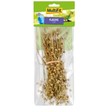 Przezroczysty plastikowy pakiet zawierający suszone łodygi i nasiona lnu, oznaczony 'FLACHS' w kolorze fioletowym, z nazwą marki 'MultiFit' na górze.