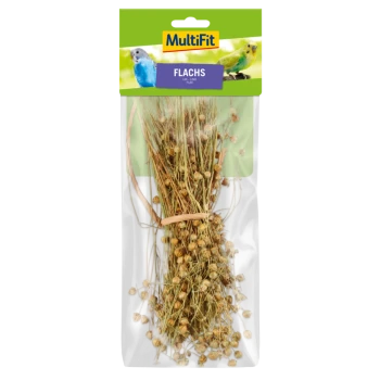 Eine klare Plastiktüte mit getrockneten Flachsstängeln und -samen, beschriftet mit "FLACHS" in Lila, mit dem Markennamen "MultiFit" oben.