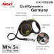 Black flexi dog leash with green accents, ergonomic grip, 5m length, for medium dogs up to 25 kg. Made in Germany.