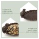 Eine dekorative braune Schüssel mit einem Vogelmotiv, gekennzeichnet zur Verwendung als Wasserschüssel und Fressschüssel, gefüllt mit Vogelfutter.