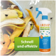 Eine Flasche ARDAP Insektenspray neben einer Schüssel mit Bananenschalen, umgeben von fliegenden Insekten. Der Text lautet "Schnell und effektiv."